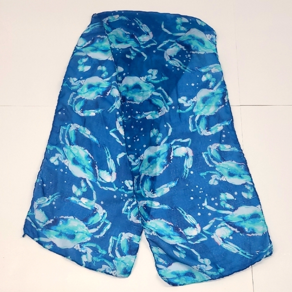 Scarf Blue Crabs Teal Aqua Marine Blue Beachy Lightweight Resortwear Cruise